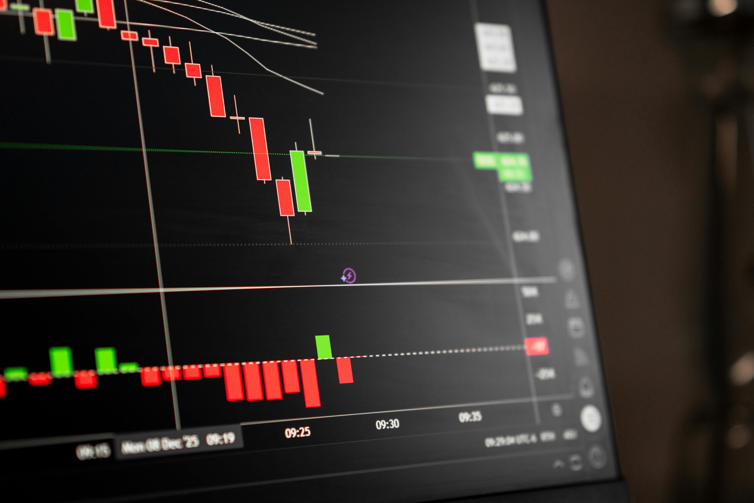 A close-up of a digital screen showing stock market candlestick chart data.