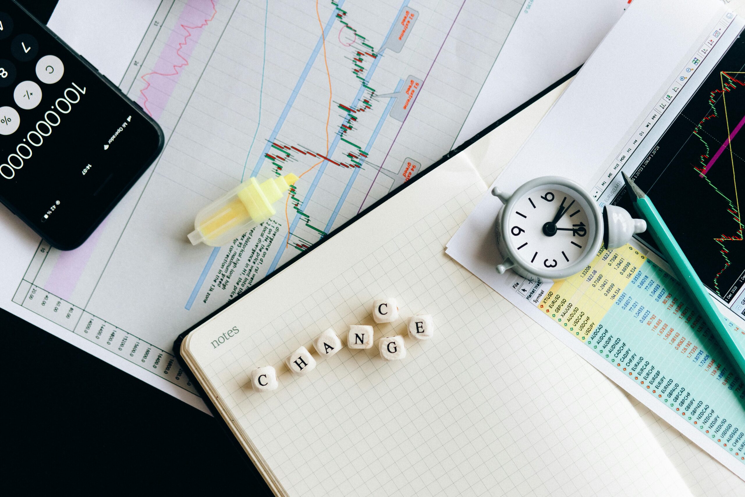 Top view of financial documents with charts, calculator, clock, and the word 'Change' in focus.